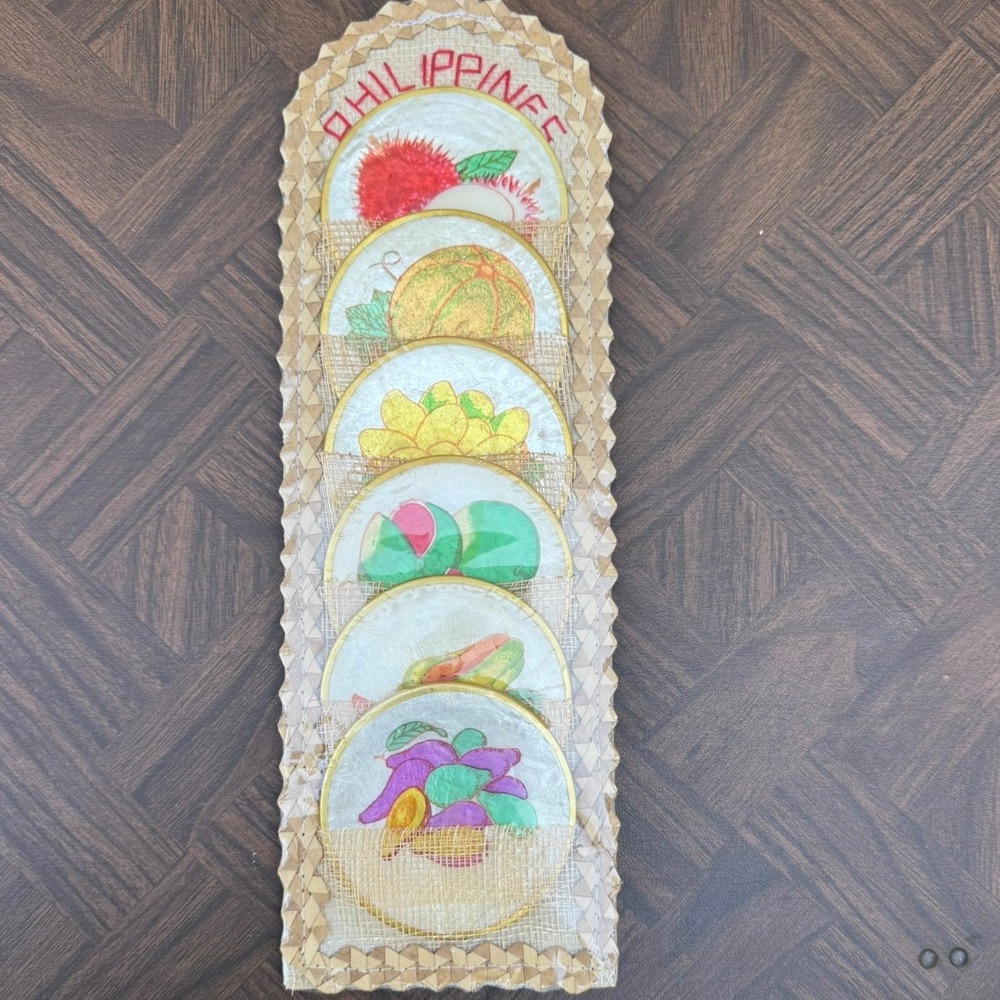Vintage Philippines Capiz Shell Style Coaster Set Woven Wall Hanging Fruit Decor